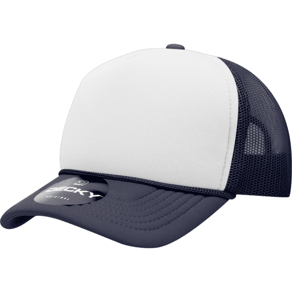 A navy and white structured foam trucker cap with a mesh back and a branded patch on the front.