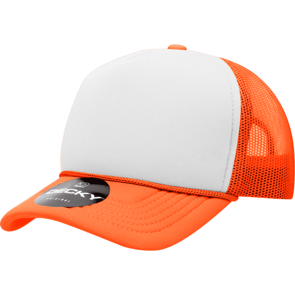 A mid-profile structured foam trucker cap in orange and white with a mesh back and a logo on the front.