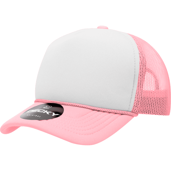 A pink and white structured foam trucker cap with a mesh back and a logo on the front.