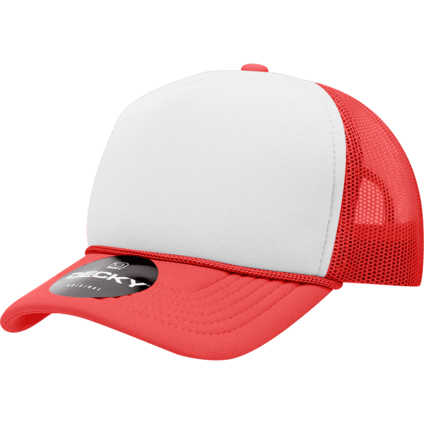 A red and white structured foam trucker cap with mesh sides and a branded logo on the front.