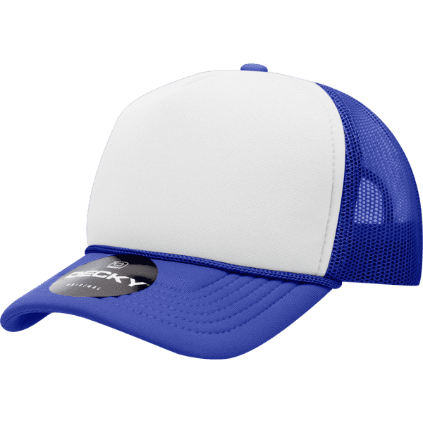 A blue and white Youth 5 Panel Mid Profile Structured Foam Trucker cap with a mesh back and a logo.