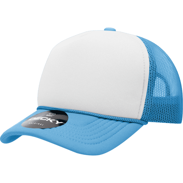 A blue and white youth foam trucker cap with a structured profile and mesh back, featuring a logo.