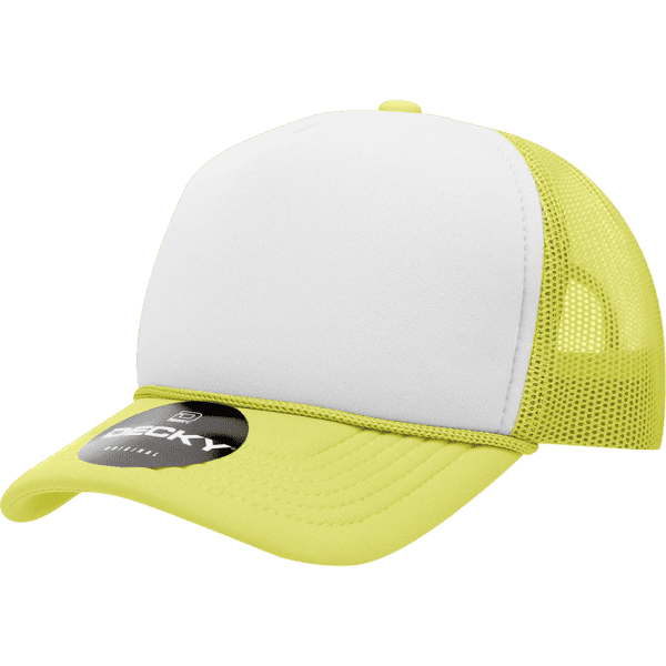 A yellow and white mid-profile structured foam trucker cap with mesh sides and a logo on the front.