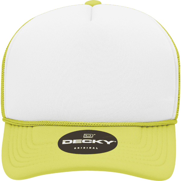 A yellow and white youth foam trucker cap with a structured mid-profile and a logo on the front.