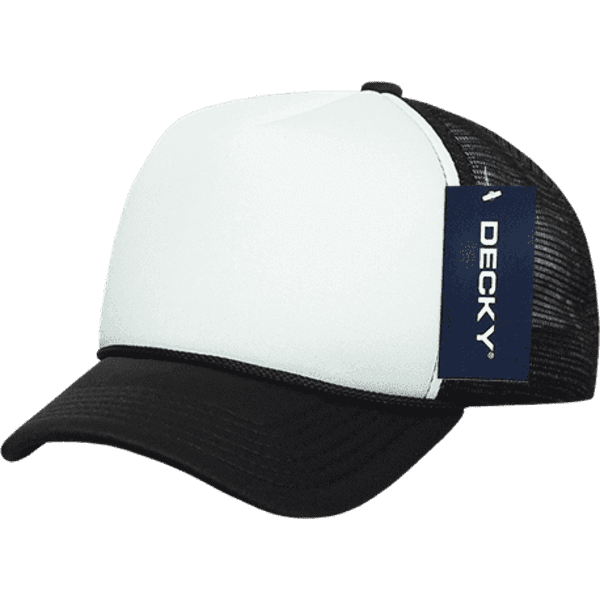 A white and black foam trucker cap featuring a mesh back and a branding tag.