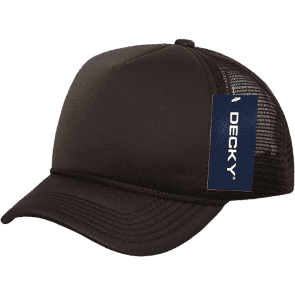 A black 5-panel mid pro foam trucker cap with a mesh back and a tag featuring a logo.