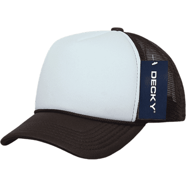 A brown and white trucker cap featuring a mesh back and a logo label on the side.