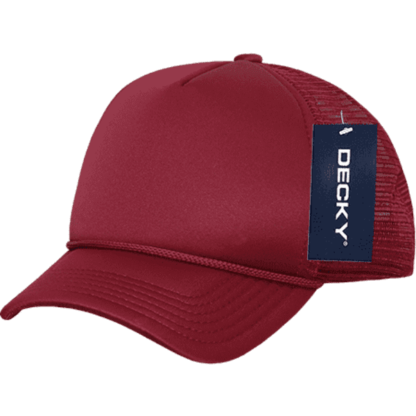 A maroon 5-panel mid pro foam trucker cap featuring a mesh back and a branded tag.