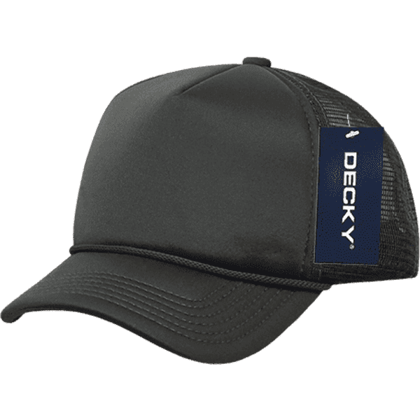 A black foam trucker cap with a mesh back and a branded patch on the side.