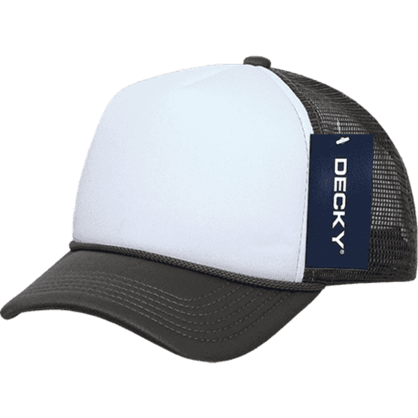 A white and grey trucker cap with a mesh back and a logo on the side.