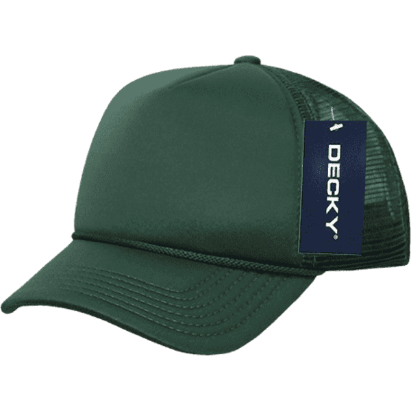 A green 5 panel mid pro foam trucker cap featuring a mesh back and a logo tag.