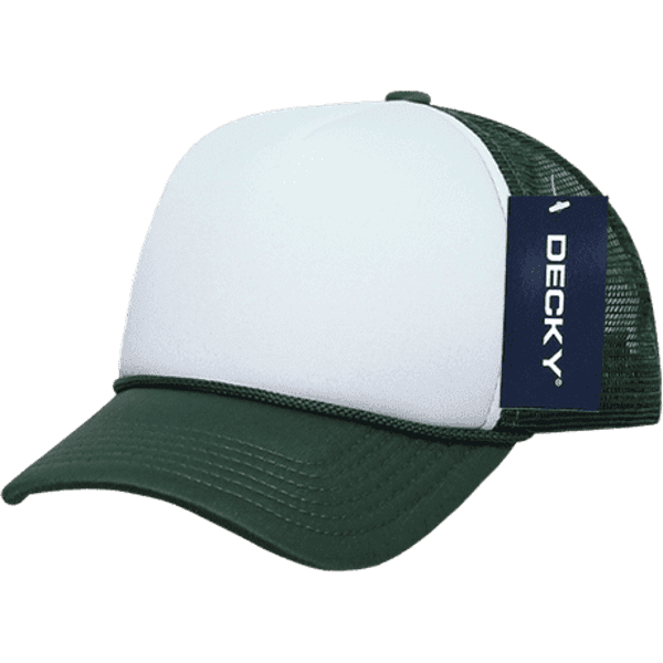 A green and white foam trucker cap with a mesh back and a label.
