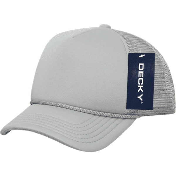 A grey foam trucker cap with a mesh back and a branding tag on the side.