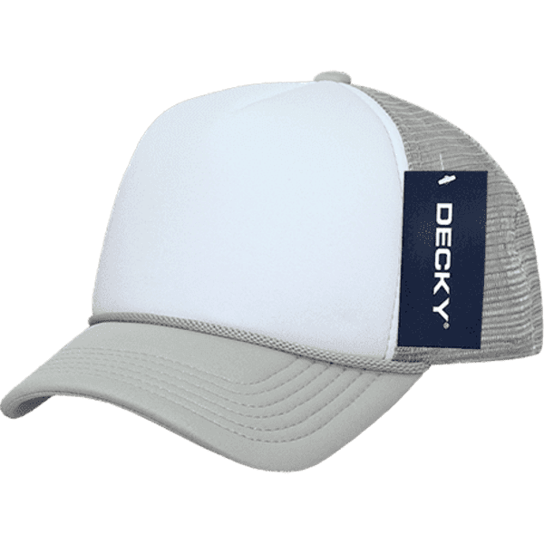 A grey and white trucker cap featuring a mesh back and a logo tag on the side.