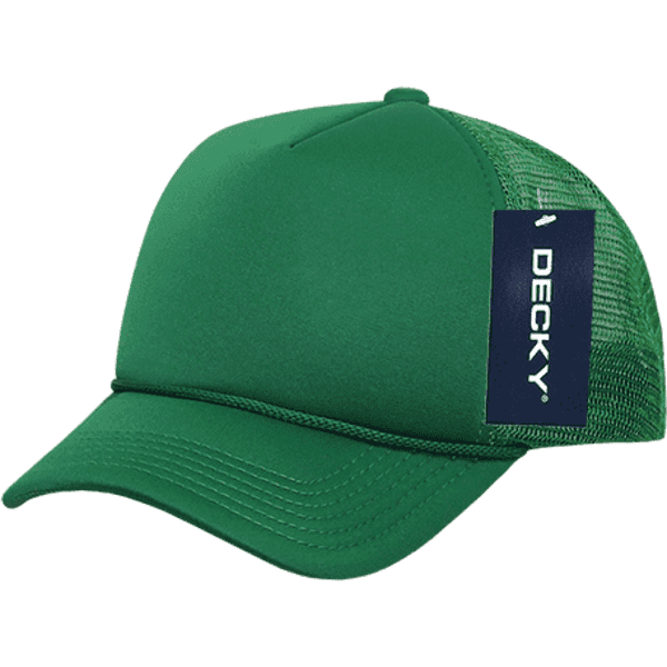 A green foam trucker cap with a mesh back and a branded label.