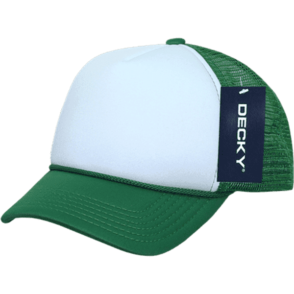 A green and white foam trucker cap with a mesh back and a brand label.