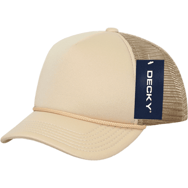 A beige foam trucker cap featuring a mesh back and a logo tag. Ideal for casual headwear.