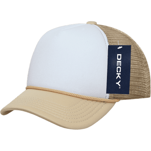 A beige and white trucker cap featuring a mesh back and a logo tag on the side.