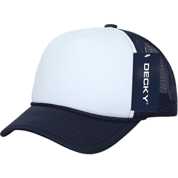 A white and navy Youth 5 Panel Mid Pro Foam Trucker cap with a logo tag on the side.