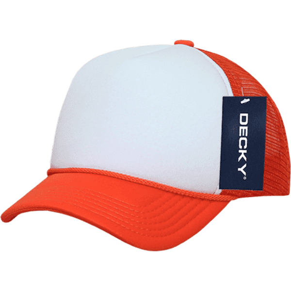 A white and orange five-panel foam trucker cap featuring a branding tag on the side.