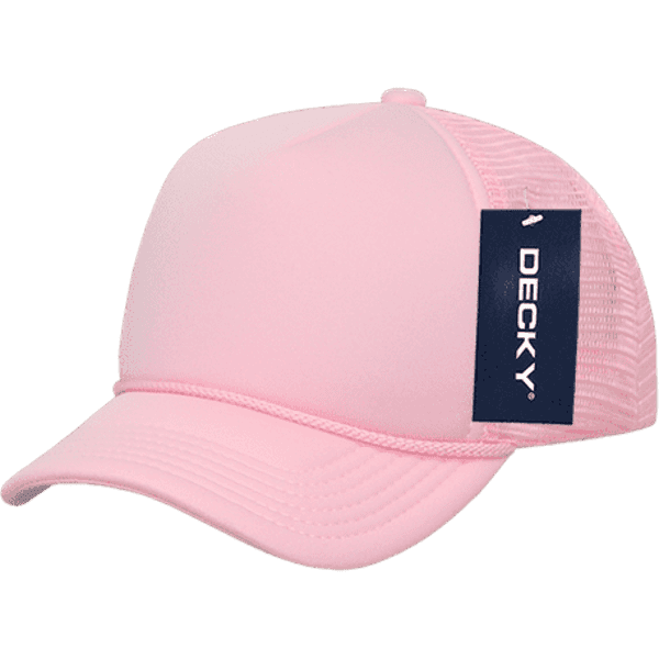 A pink foam trucker cap with a mesh back and a branded tag attached.