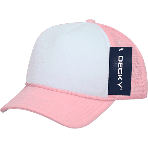 A pink and white foam trucker cap featuring a mesh back and a logo tag.