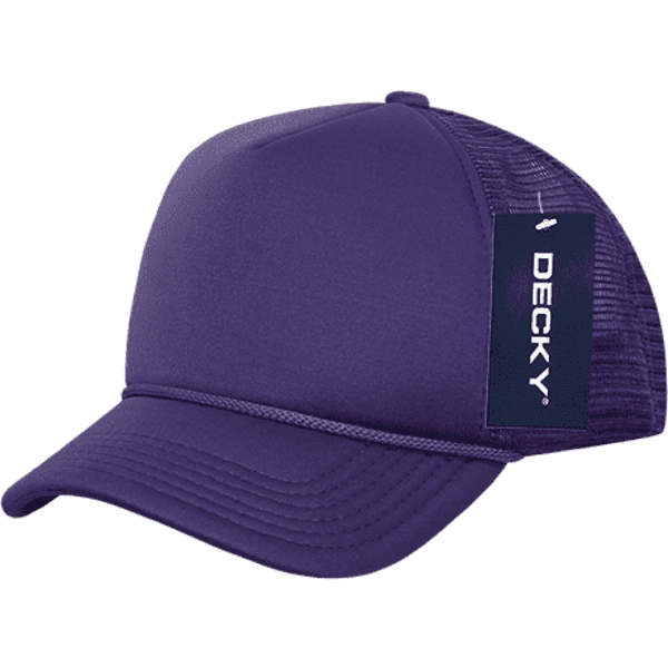 A purple foam trucker cap with a mesh back and a tag attached, featuring a logo.