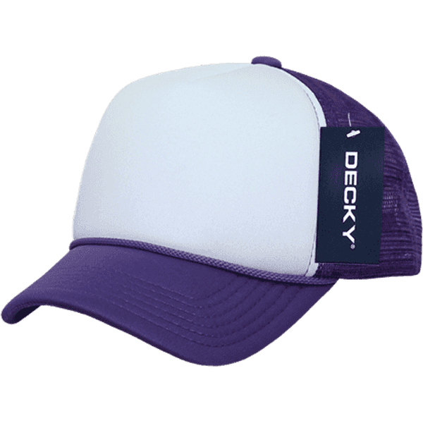 A purple and white trucker cap with a mesh back and a logo on the side.
