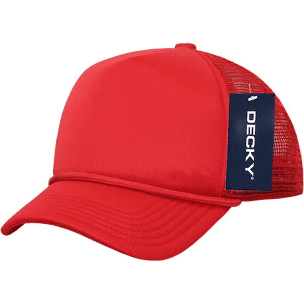 A red trucker cap featuring a mid-profile foam front and mesh back, with a branding tag attached.