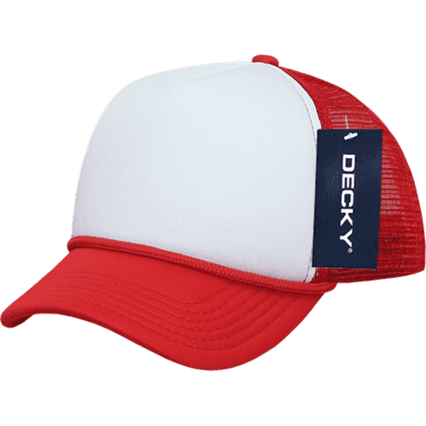 A red and white 5-panel foam trucker cap with a mesh back and a logo tag on the side.
