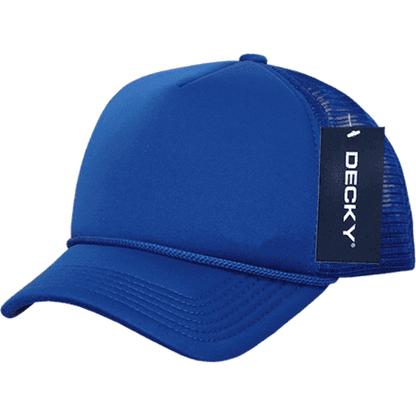A blue five-panel mid-pro foam trucker cap featuring a mesh back and a label.