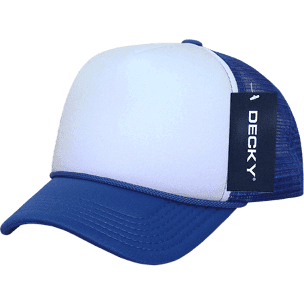 A blue and white foam trucker cap featuring a branded label on the side.