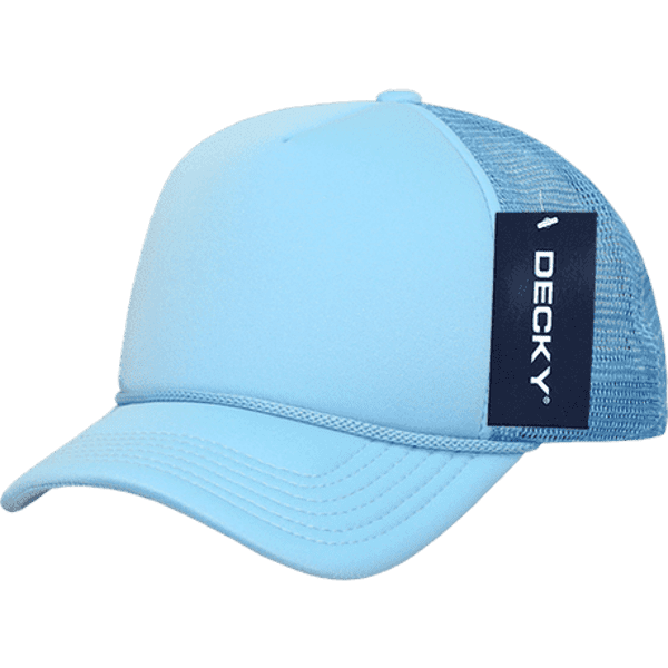 A light blue foam trucker cap featuring a mesh back and a logo tag on the side.