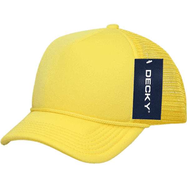 A yellow foam trucker cap with a mesh back and a branded label attached.
