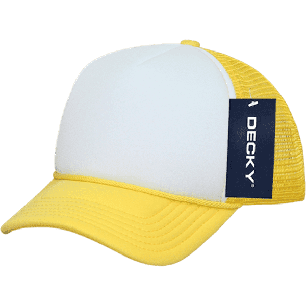 A yellow and white trucker cap with a mesh back and a branded tag on the side.