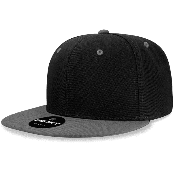 A black snapback cap with a grey peak, featuring a branded logo on the front.