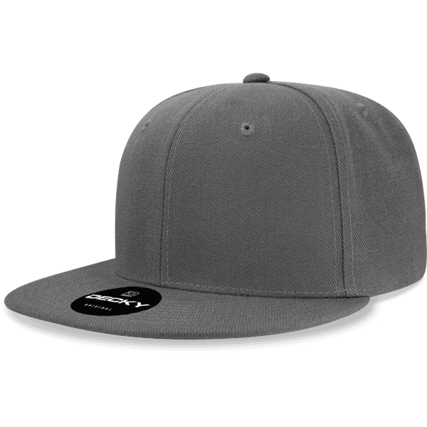 A dark grey snapback cap with a six-panel high profile and a logo on the front.