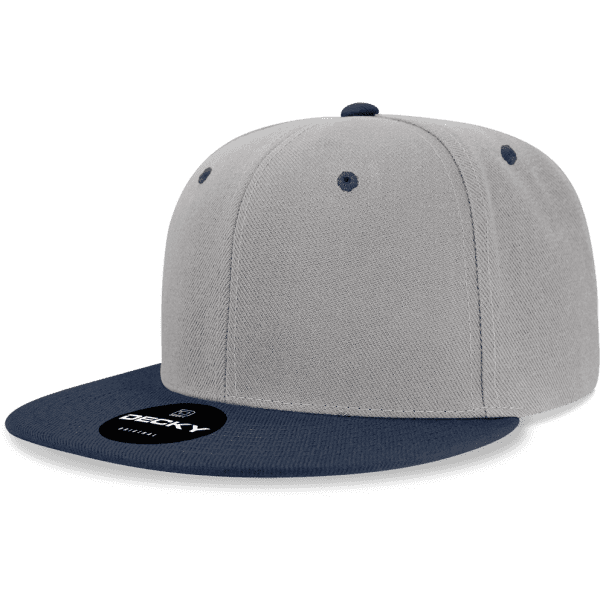 A grey and navy snapback cap featuring a high profile design and a logo on the front.