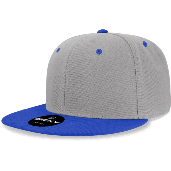 A grey and blue snapback cap featuring a structured six-panel design and a logo.