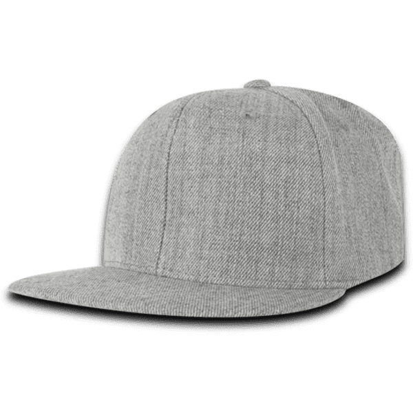 A grey high-profile snapback cap with a flat brim and a stitched logo.