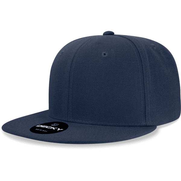 A dark navy blue snapback cap with a structured high profile and a flat brim. It features a logo on the front.