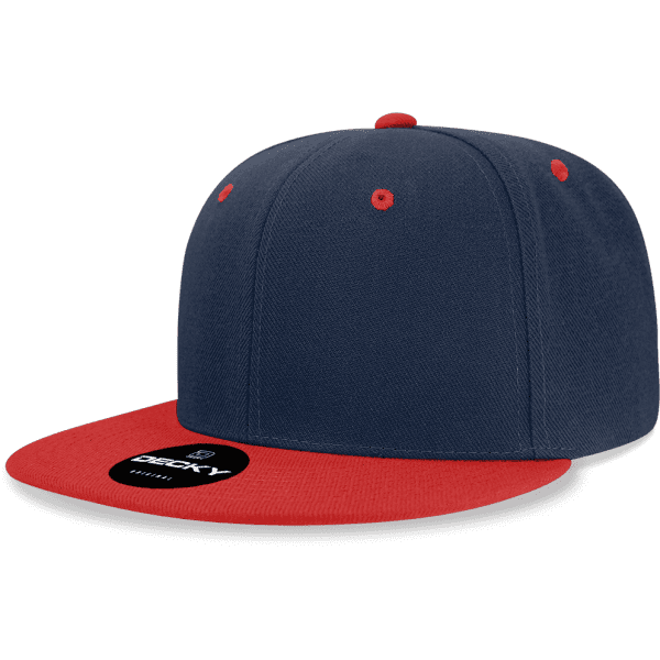 A navy and red snapback cap featuring a high-profile design and a branded logo.