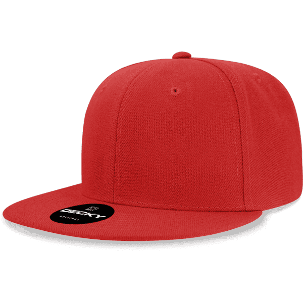 A red Youth 6 Panel High Pro Acry/Poly Snapback cap with a solid design and a logo on the front.