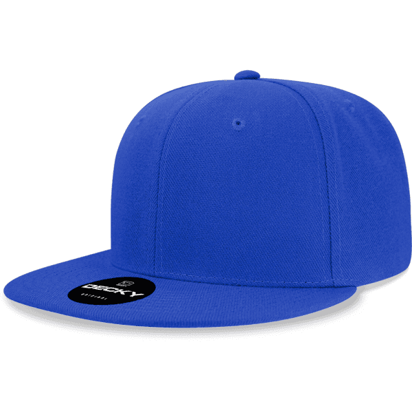 A blue high-profile acrylic/poly snapback cap with a flat brim and a logo.