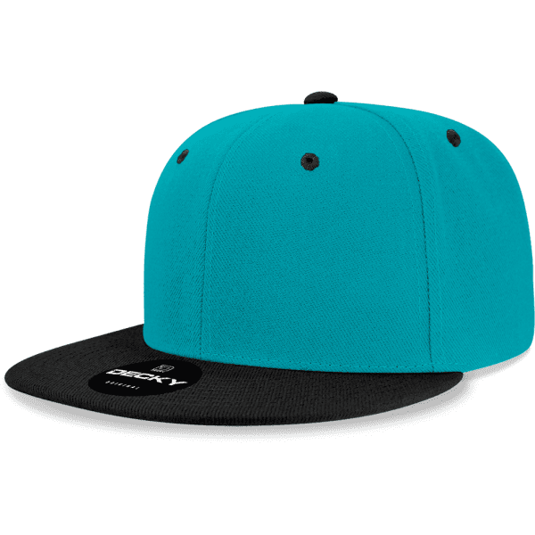 A teal and black snapback cap featuring a six-panel design and a branded logo.