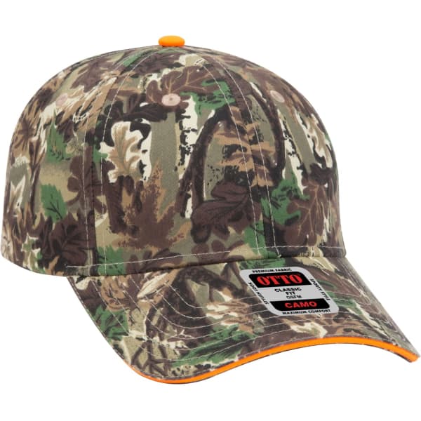 A camo-patterned 6-panel baseball cap featuring an orange accent and a logo on the front.