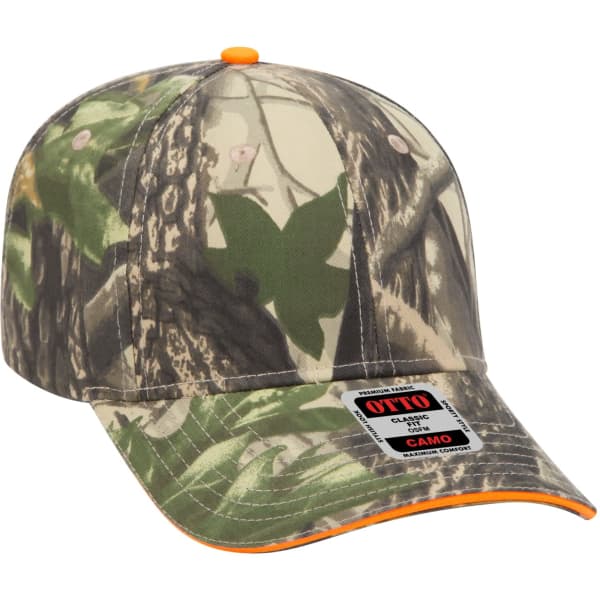 A camouflaged 6-panel baseball cap with an orange accent and a logo on the front.