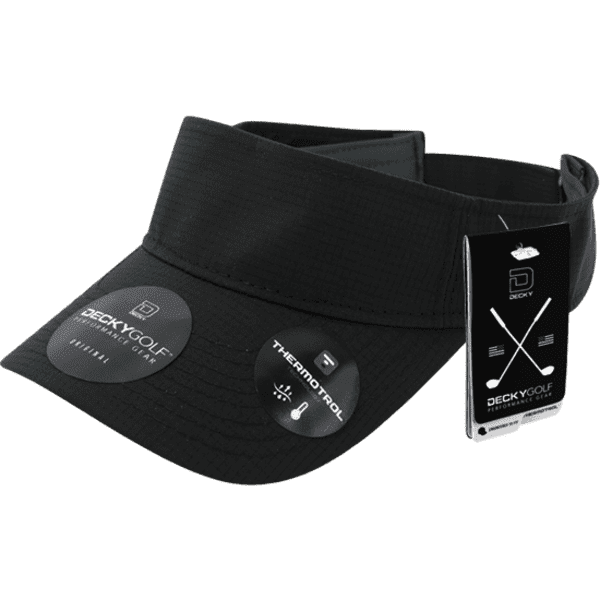 A black sun visor with a wide brim and tags, featuring a logo and branding.