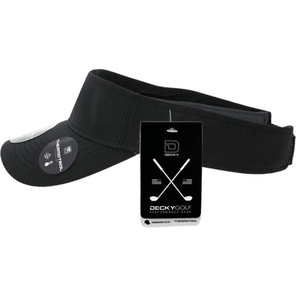 A black sun visor with an adjustable strap, featuring a logo and a tag attached for branding.