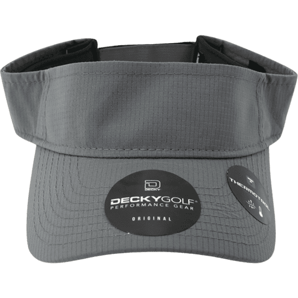 A grey sun visor with a textured pattern and a logo, featuring a branded tag on the front.